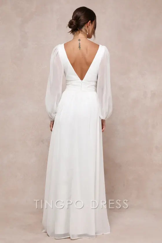 TingPo Wholesale Signature Elegance Enchant My Love White V-Neck Long Sleeve Maxi Dress formal wear dresses